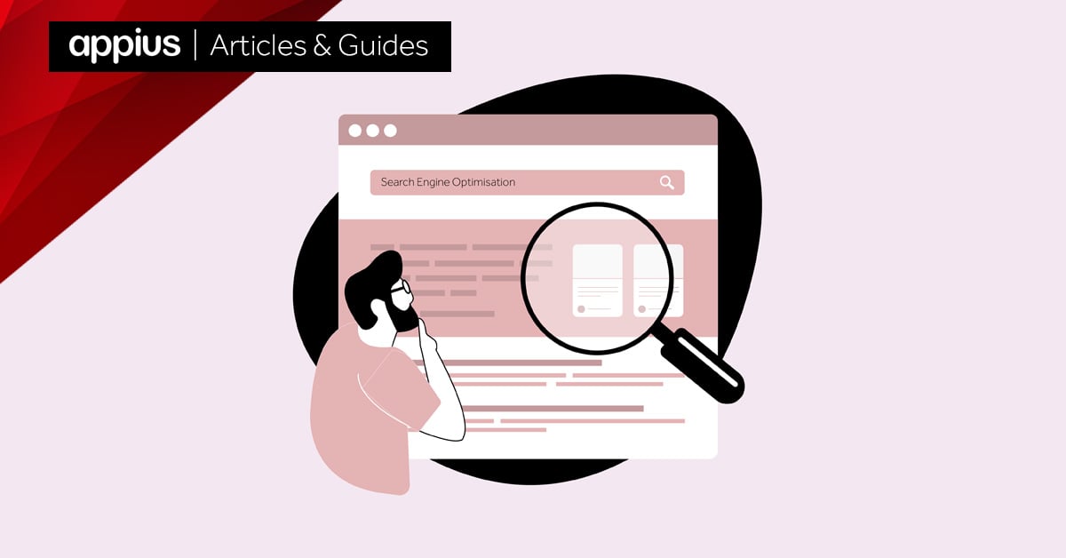 Illustration of a person examining search engine results with a magnifying glass to represent SEO