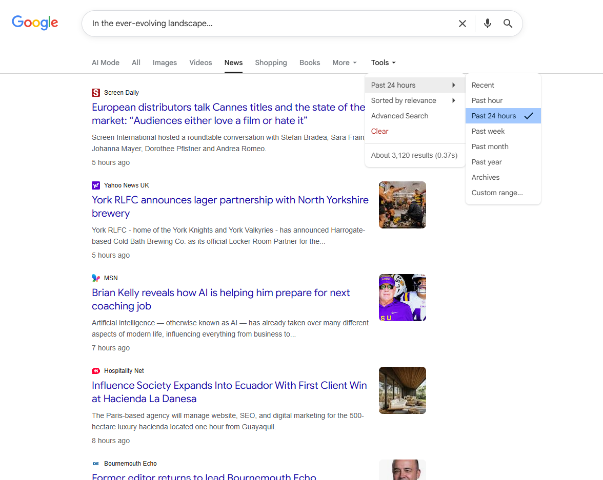 SERP results for news articles published within the last 24 hours containing common AI generated phrases