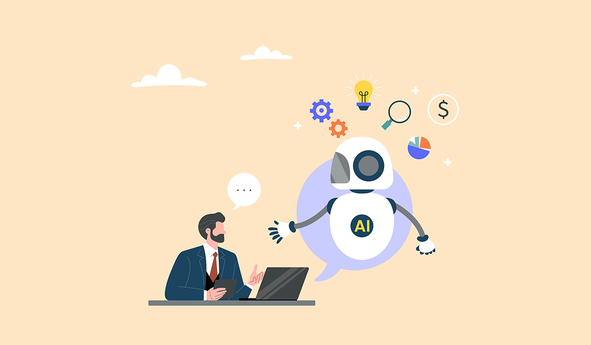 A man working with a virtual cloud of AI and tech influences