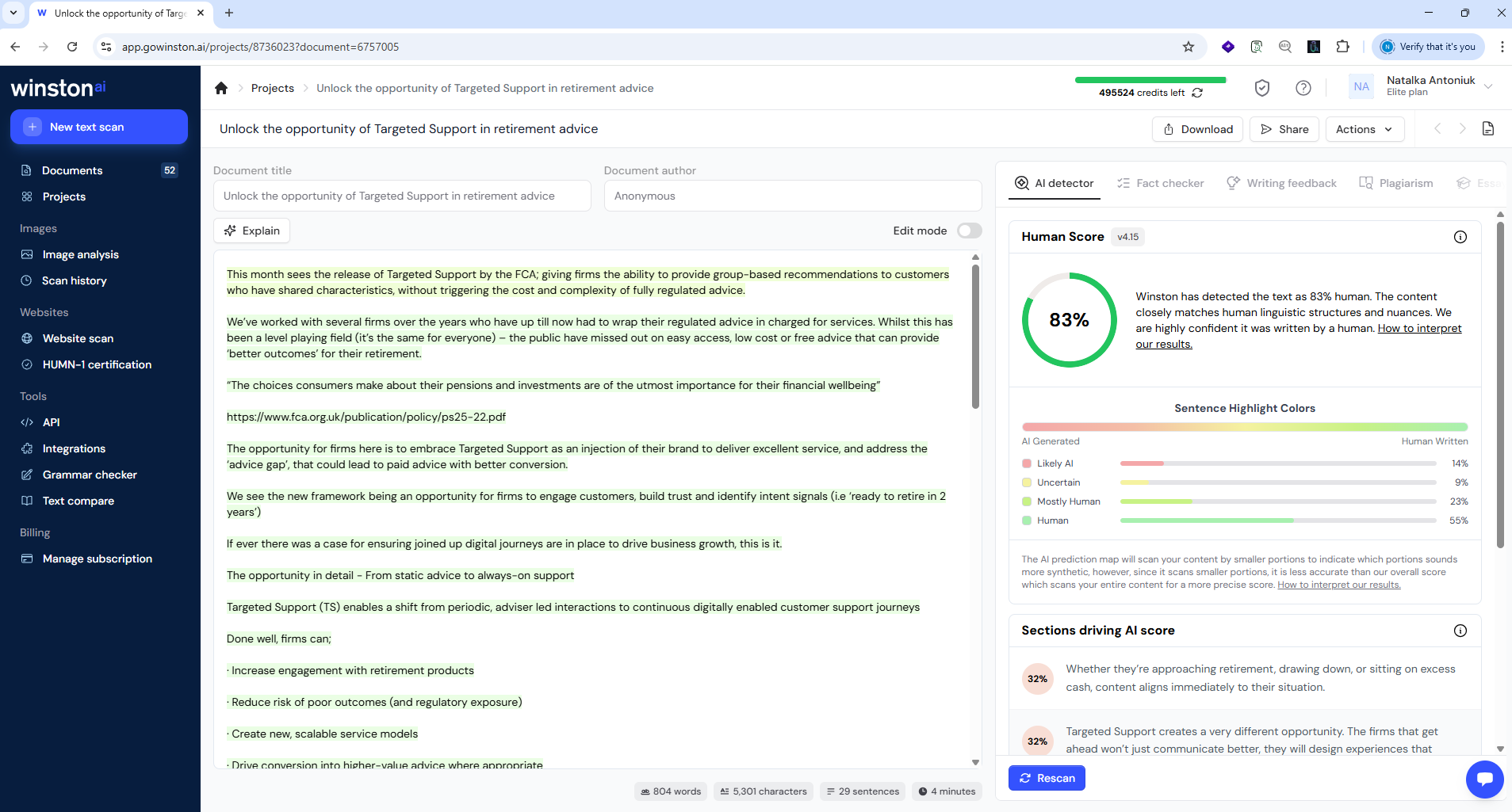 Winston AI detection tool in action on a recent Appius blog post