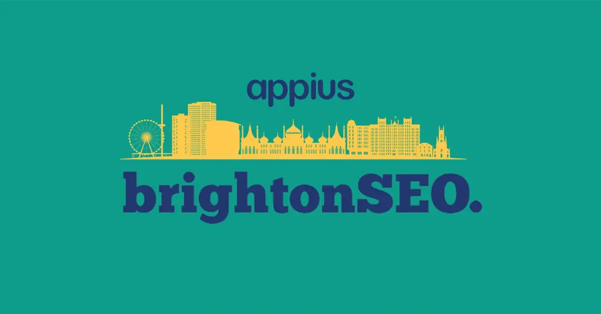 SEO Brighton April 2024 - Graphic of a silhouette of Brighton in yellow, on a green background with Appius and Brighton SEO in dark blue 