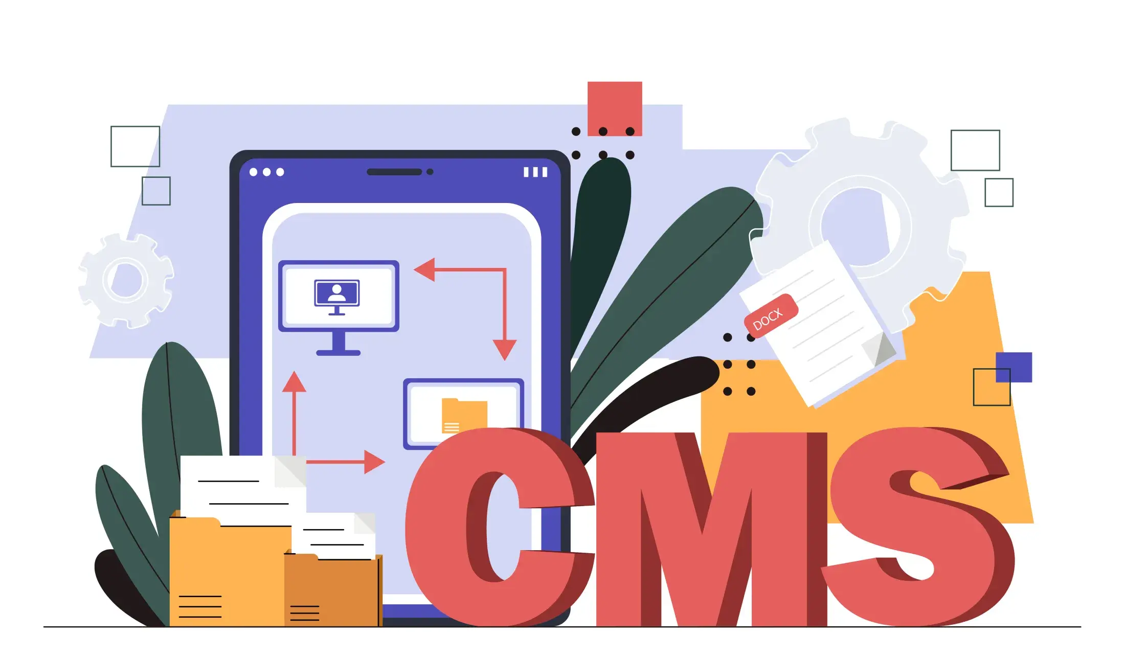 Graphic image of depicting Unmasking the Headless CMS, with tablet showing diagram with icons, folders and CMS.
